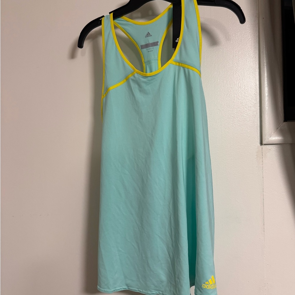Adidas Women's Light Blue Tank Top with Yellow Trim
